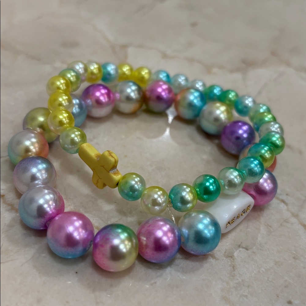 Multi-Color Pearl Bead Stretch Bracelet Set with Yellow Cross